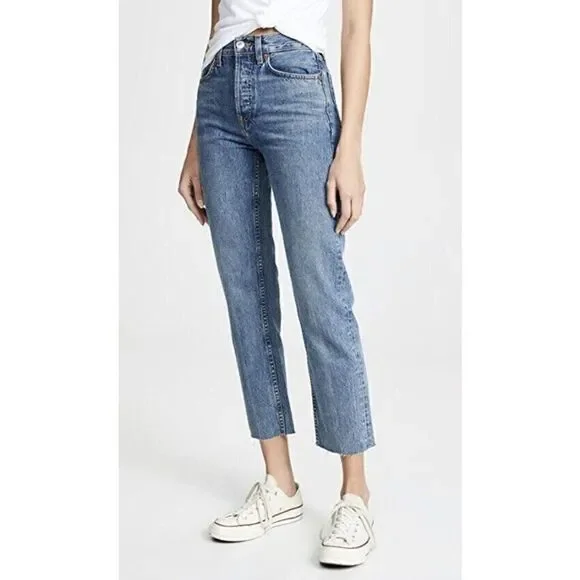 Re/Done Women's Sz 26 Blue Stove Pipe Crop Button Fly Raw Hem Denim Jeans $265 - Picture 9 of 10